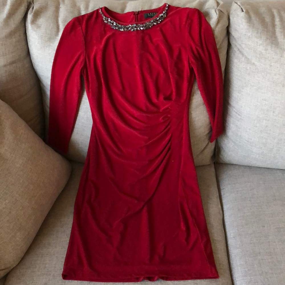 Ralph Lauren Red Embellished Collar Dress